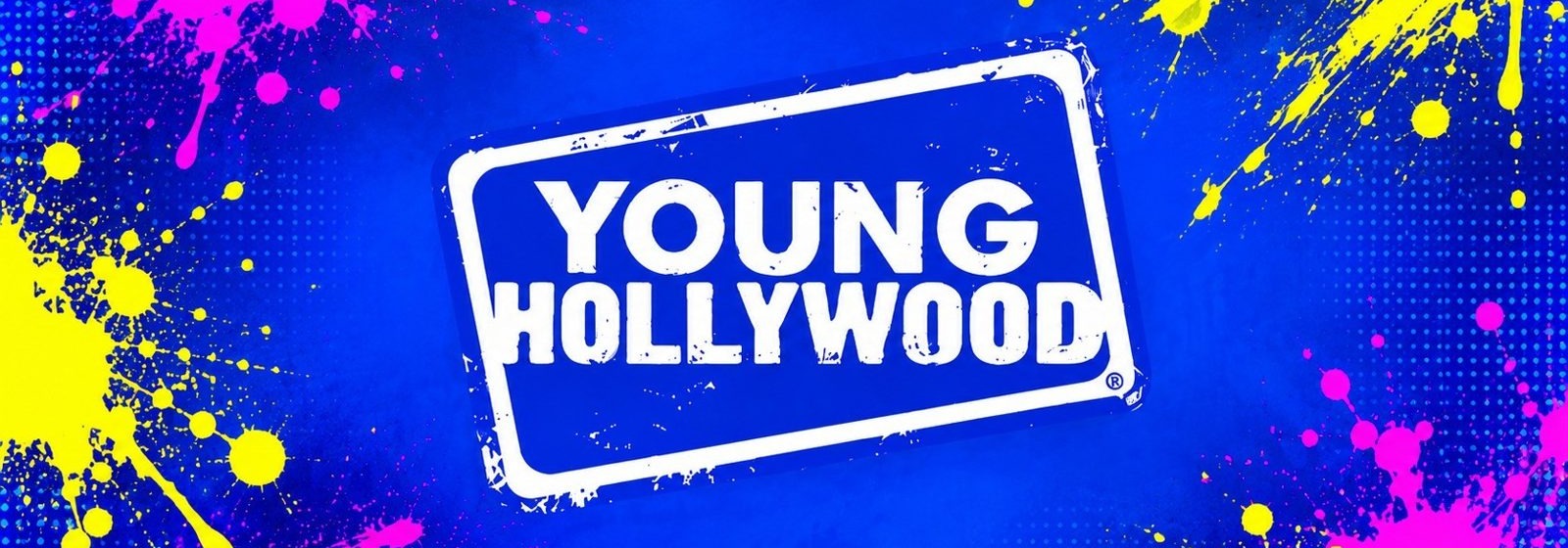 Young Hollywood logo over a blue paint-splash artwork